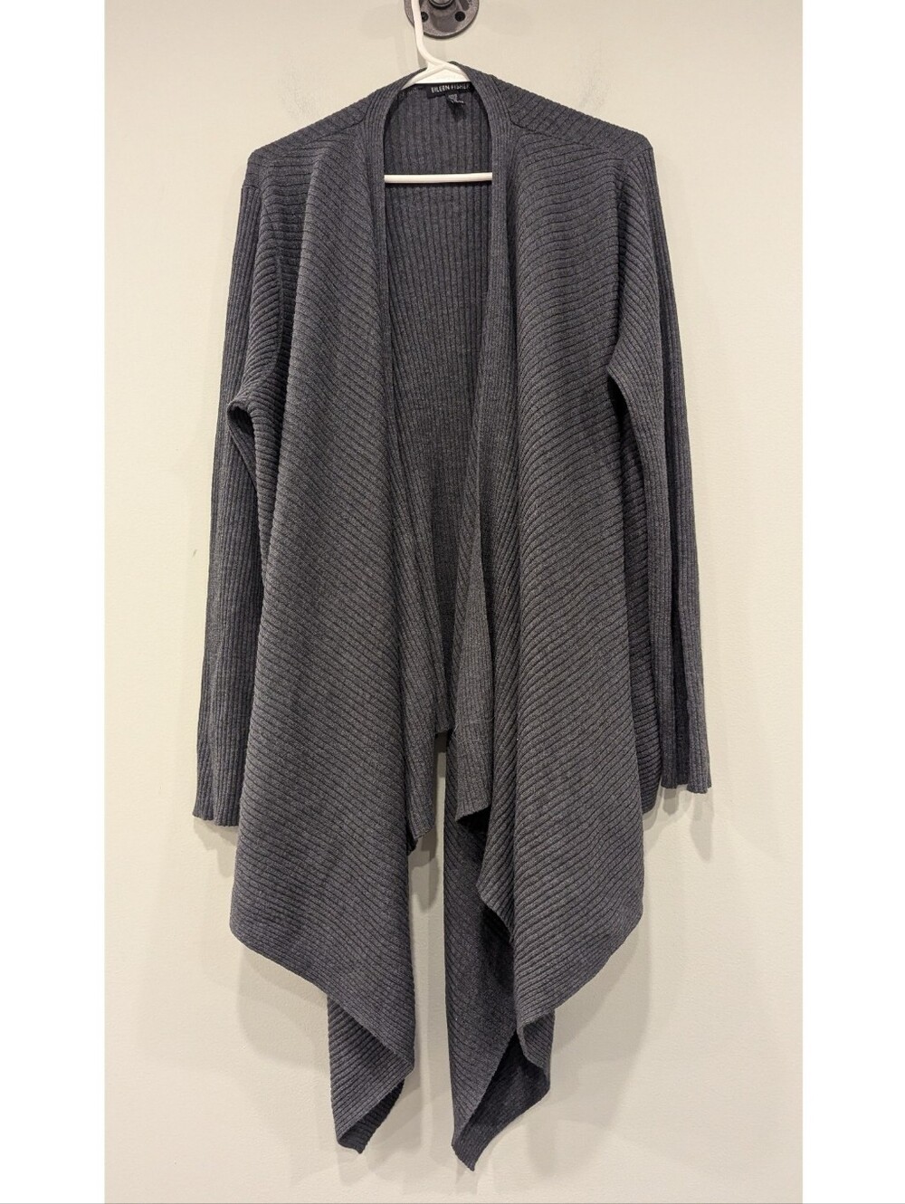 Eileen Fisher Grey Ribbed 100% Wool Open Cardigan Size XL